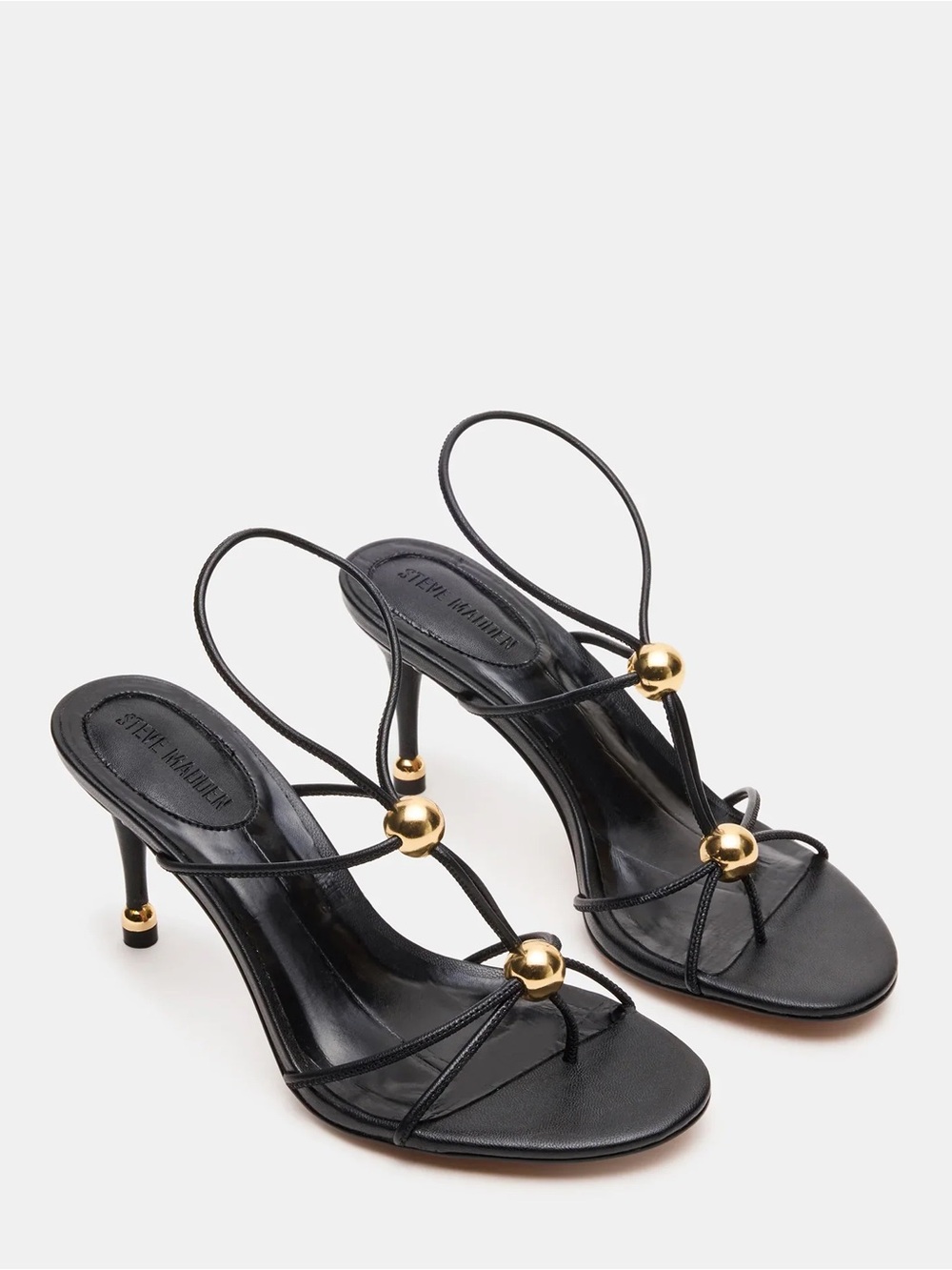 Steve Madden Ramos black strappy heels with gold accents, size 7